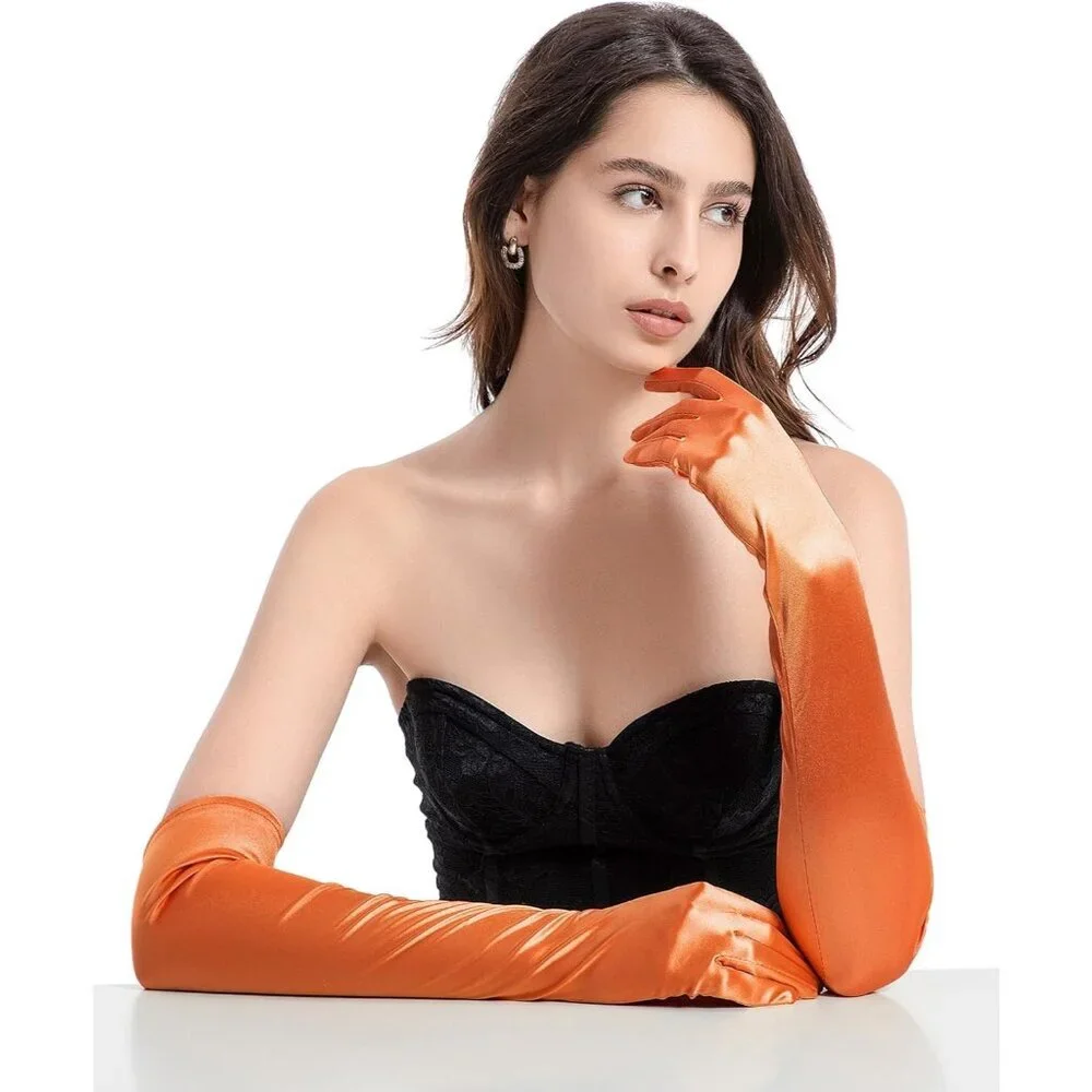 Women's Evening Orange Long Satin Gloves Elbow Length Formal Party Prom Wear